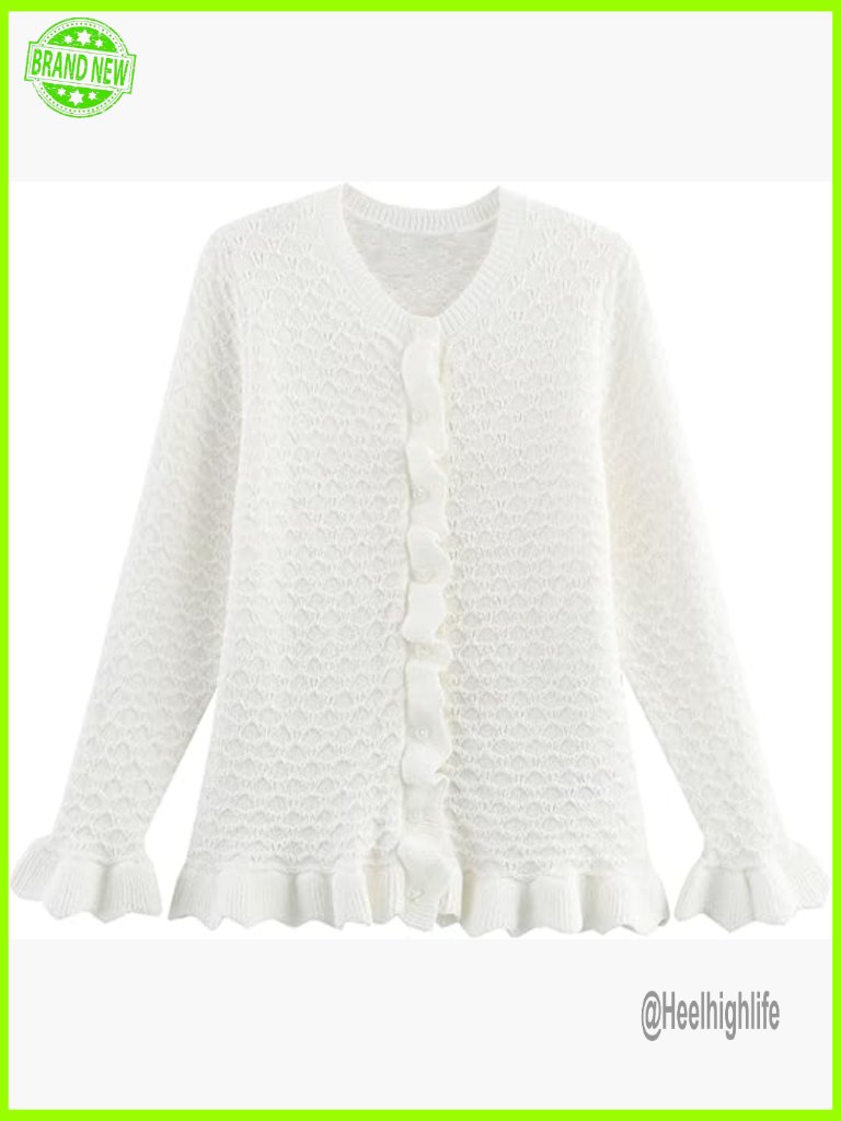Crochet Cardigan Sweater Crop Top Slim Fit Long Sleeve Button Down